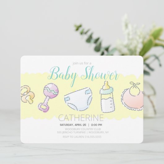 Rattle, Bottle, Diaper, Bib und Schnuller Dusche Einladung (Stehend Vorderseite)