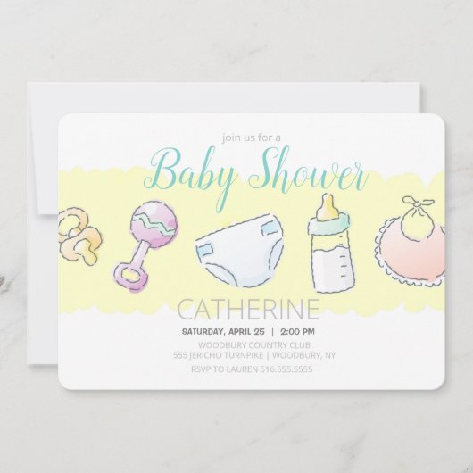 Rattle, Bottle, Diaper, Bib und Schnuller Dusche Einladung (Vorderseite)