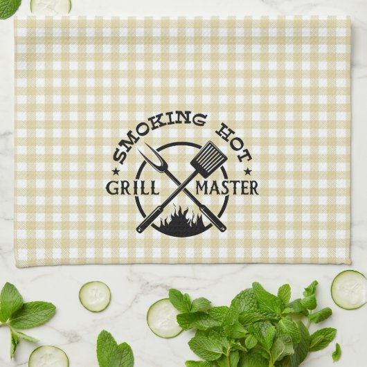 Rauch Hot Grillmaster Tan Gingham Karo Geschirrtuch (Gefaltet)