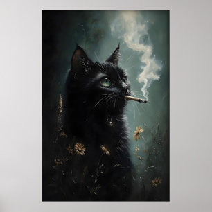 Rauchende schwarze Katzenblumenposter, Dark Academ Poster