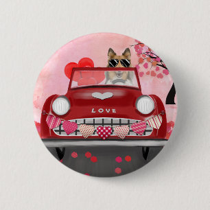 Raucher Collie Hund Auto mit Herzen Valentinstag Button
