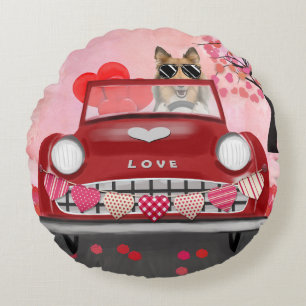 Raucher Collie Hund Auto mit Herzen Valentinstag Rundes Kissen
