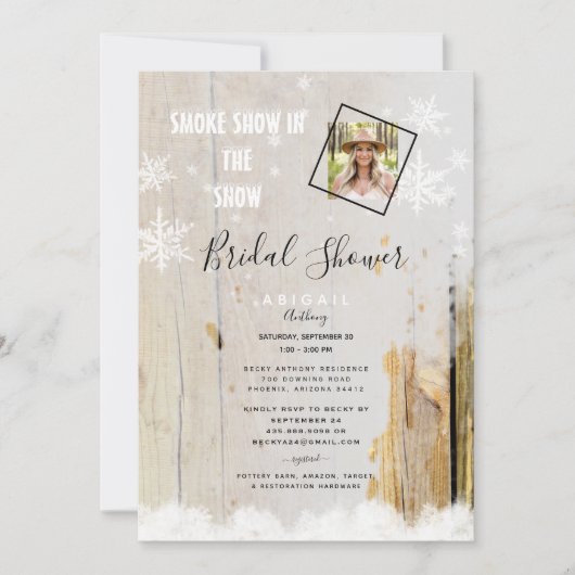 Rauchschau im Brautparty des Schneerustikalen Foto Einladung (Vorderseite)