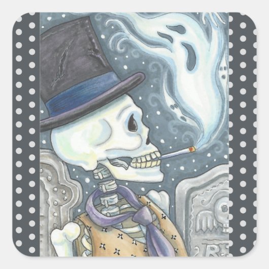 RAUCHSKELETON, FRIEDHOF-STICKER-HALTESTELLE QUADRATISCHER AUFKLEBER (Vorderseite)