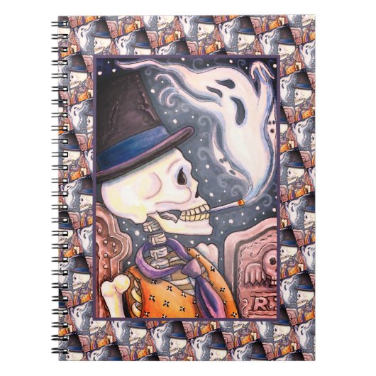 RAUCHSKELETON MIT GHOSTEN IM SPOOKY-FRIEDHOF NOTIZBLOCK (Vorderseite)