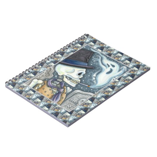 RAUCHSKELETON MIT GHOSTEN IM SPOOKY-FRIEDHOF NOTIZBLOCK (Linke Seite)