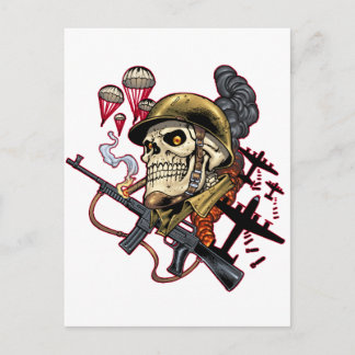 Rauchskull mit Helm, Flugzeugen und Bomben Postkarte
