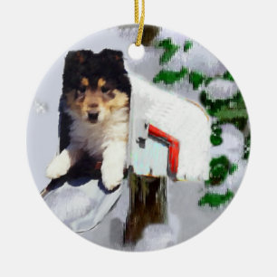 Raue Collie-Welpen-Weihnachtsgeschenk-Verzierung Keramikornament