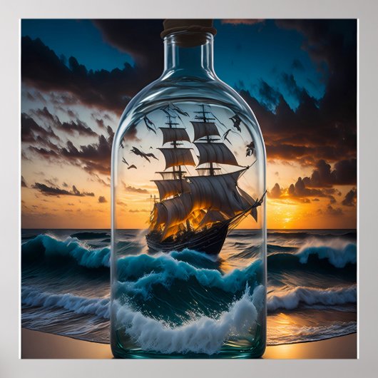 Raue See mit Schiff in einer Flasche Poster (Vorne)