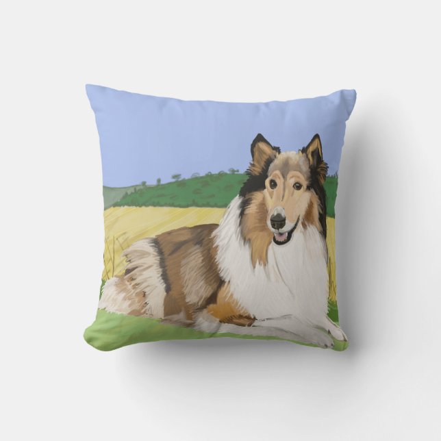 Rauer Collie mit Feldern Kissen (Vorderseite)