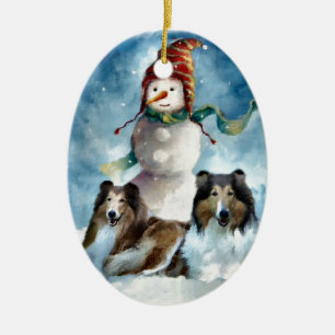 Rauer Collie mit Schneemann-Weihnachten Keramik Ornament