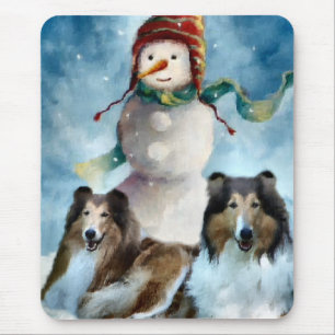 Rauer Collie mit Schneemann-Weihnachten Mousepad