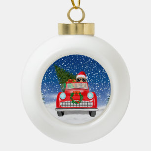 Rauhhaar Collie fährt Auto im Schnee Weihnachten Keramik Kugel-Ornament