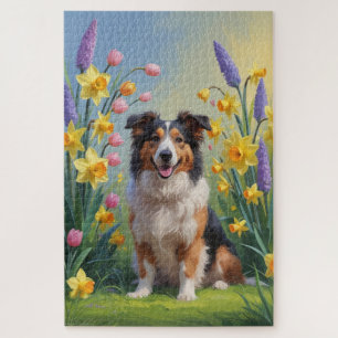 Rauhhaar Collie Hund Frühlingsblumen Malerei Puzzle