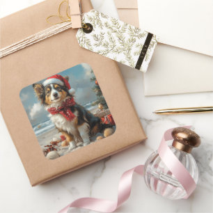 Rauhhaar Collie Hund Weihnachten Vintage Strand Quadratischer Aufkleber