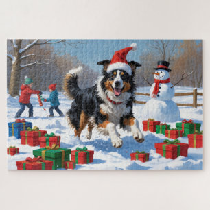 Rauhhaar Collie läuft im Schnee mit Weihnachtsmütz Puzzle