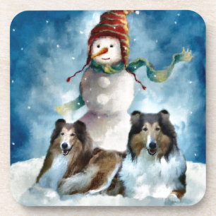 Rauhhaar Collie mit Schneemann Weihnachten Getränkeuntersetzer