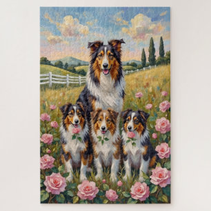 Rauhhaar Collie Rose Wiese Kunst Puzzle