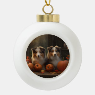 Rauhhaar Collie Welpe Herbstfreude Kürbis Keramik Kugel-Ornament
