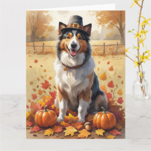 Rauhhaarige Collie im Herbstlaub-Erntedank-Kunst Karte