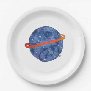 Raum-Geburtstags-blaues Planeten-Galaxie-Aquarell Pappteller