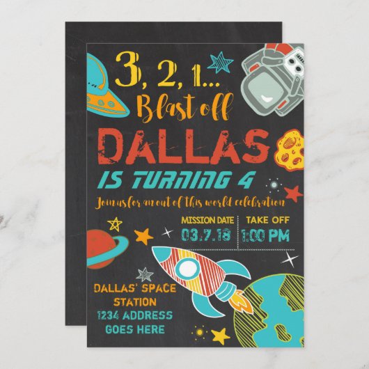 Raum-Geburtstagsrakete Einladung (Vorne/Hinten)