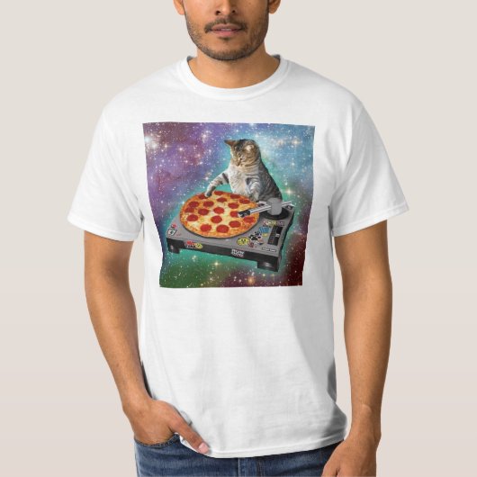 Raum-Katze DJs Pizza T-Shirt (Vorderseite)