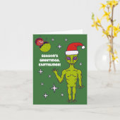 Raumfahrt-Alien in einer Weihnachtsmannmütze Perso Karte (Gelbe Blume)