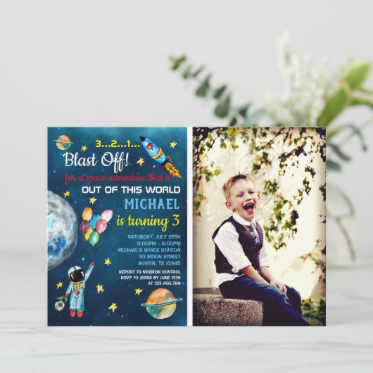 Raumfahrt Party Astronauten Foto Ballon Rakete Einladung (Stehend Vorderseite)
