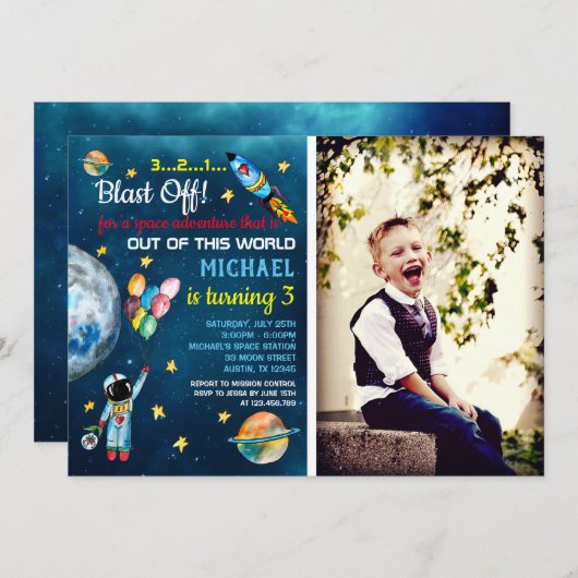Raumfahrt Party Astronauten Foto Ballon Rakete Einladung (Vorne/Hinten)