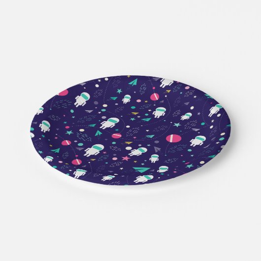 Raumflugzeug-Cartoon-Muster Pappteller (Schrägansicht)