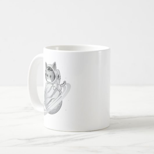 Raumkatze Astronaut mit Planet Saturn Kaffeetasse (Vorderseite Links)