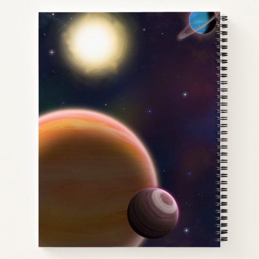 Raumschiff im Weltraum, Sonne & Planeten spiralför Notizblock (Rückseite)