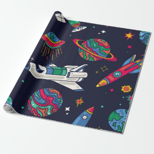 Raumschiff in der Galaxie nahtloses Muster. Hinter Geschenkpapier