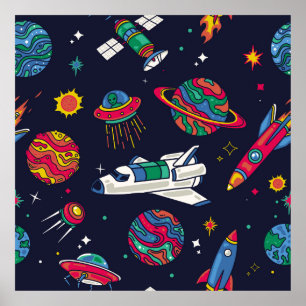 Raumschiff in Galaxy nahtloses Muster. Hintergrund Poster