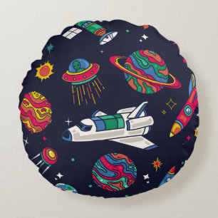 Raumschiff in Galaxy nahtloses Muster. Hintergrund Rundes Kissen