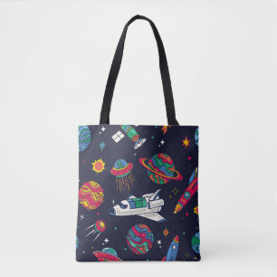 Raumschiff in Galaxy nahtloses Muster. Hintergrund Tasche