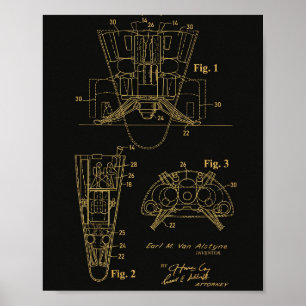 Raumschiff-Patent 1970 Schwarz-Gold-Poster Poster