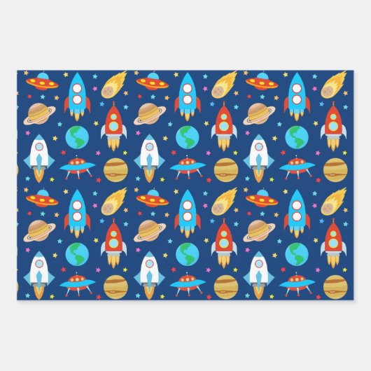 Raumschiff-Sterne Komets Planets Blue Geschenkpapier Set (Vorderseite 3)