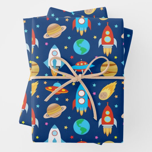 Raumschiff-Sterne Komets Planets Blue Geschenkpapier Set (Beispiel)