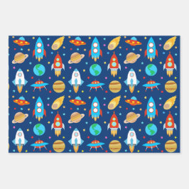 Raumschiff-Sterne Komets Planets Blue Geschenkpapier Set