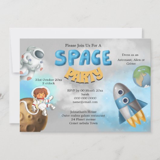 Raumschiff zum Thema niedliche Rakete Einladung (Vorderseite)