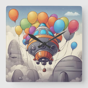 Raumschiffe mit Ballons Quadratische Wanduhr