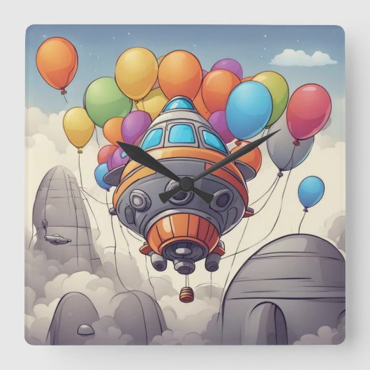 Raumschiffe mit Ballons Quadratische Wanduhr (Vorderseite)
