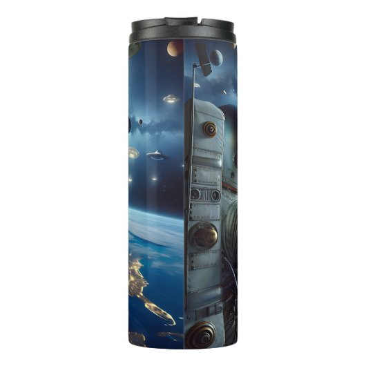 Raumschiffe und Astronaut im Weltraum Thermosbecher (Rückseite)