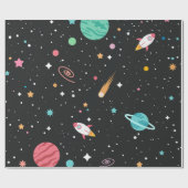 Raumschiffe und Planeten auf schwarz Geschenkpapier (Flach)