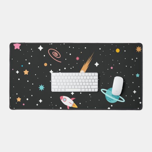 Raumschiffe und Planeten auf schwarz Schreibtischunterlage (Tastatur & Maus)