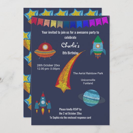 RAUMTHEMA CHALKBOARD NAVY BLAUE EINLADUNG (Vorne/Hinten)