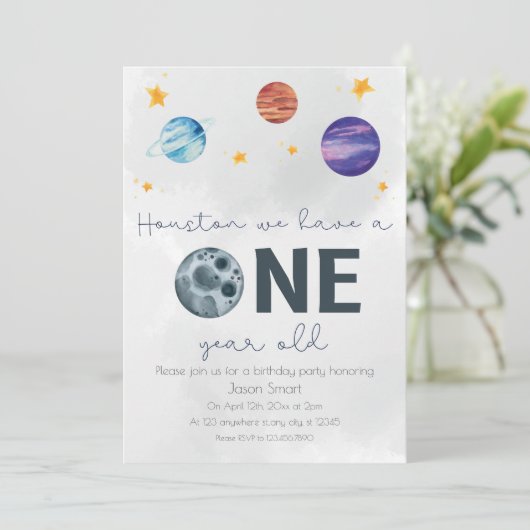 Raumthema erste Geburtstagsparty Einladung (Stehend Vorderseite)