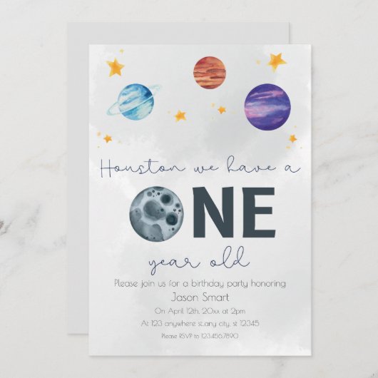 Raumthema erste Geburtstagsparty Einladung (Vorne/Hinten)